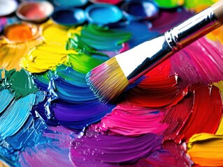 Obraz premium An artist s palette with oil paints mixing, vibrant colors, and rich textures, soft focus