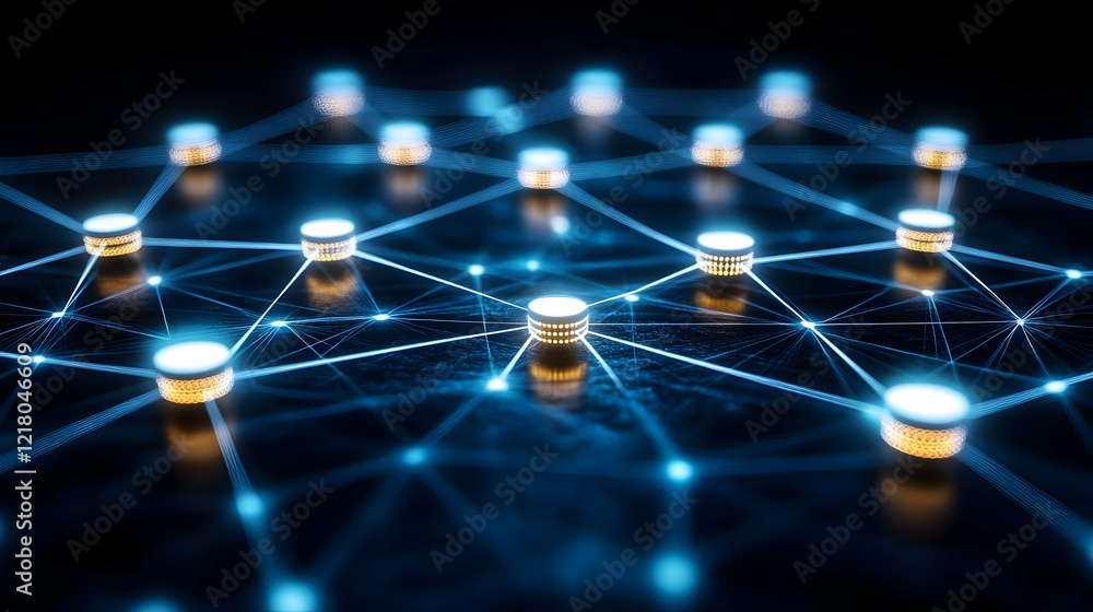 Poster abstract network connections: glowing nodes and digital grid