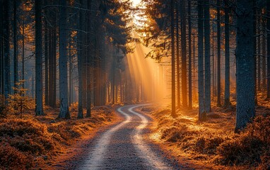 Obraz premium Sunbeams illuminate a winding forest path at sunrise.