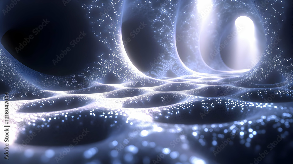 Poster luminous blue abstract cellular structure with glowing particles