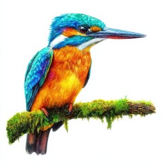 Fototapeta premium Brightly Colored Kingfisher Perched on a Mossy Branch Against White