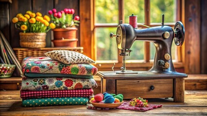 Fototapeta premium Vintage sewing machine surrounded by colorful fabrics and a small floral pincushion on a wooden worktable in a cozy sewing room, sewing machine, wood