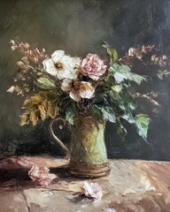 Flowers in Pretty Vintage Vase, Still Life, Antique, Art Painting