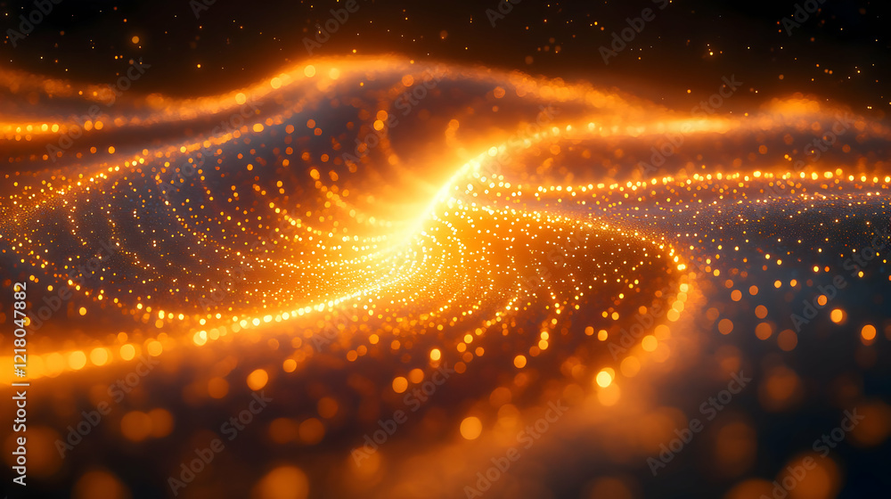Poster abstract golden particle swirl background. glowing energy flow. dynamic orange and dark texture. shi