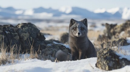 Obraz premium Arctic Fox in Winter Wonderland: Majestic creature amidst snowy mountains