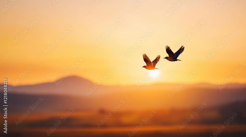Poster a graceful bird soars across a vivid sunset sky illuminated with warm hues creating a tranquil and i