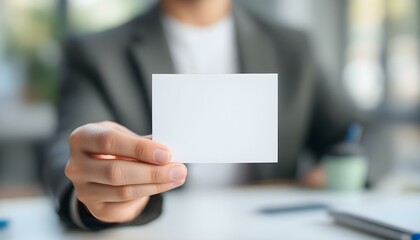 A hand holding a blank white card, close-up focus, with a blurred professional background, creating a clean and minimalistic look.