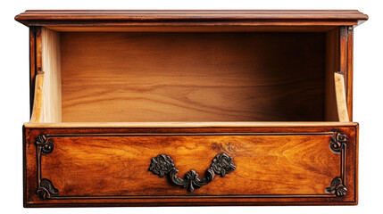 A wooden chest with a black handle and a brown interior