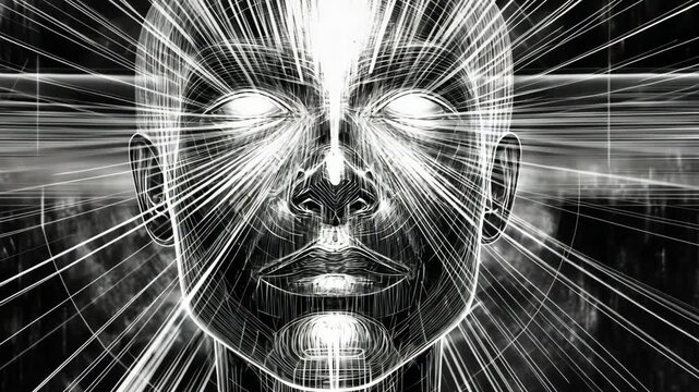 Visual representation of energy and consciousness manifesting through radiating light patterns in a meditative figure's face