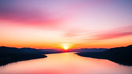 Fototapeta premium Serene sunset over a tranquil river reflecting vibrant colors with mountains in the background