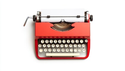 Vintage red typewriter with blank paper on a white background, symbolizing creativity and nostalgia