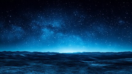 Naklejka premium Starry night landscape of a distant planet. Vast, dark blue, star-studded night sky above a flat, dark blue, planet surface.