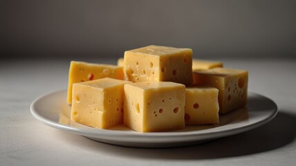 Cheese dices and slices,Perfectly cut cheese dices placed on a white ceramic dish with shadows
