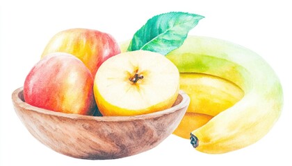 Freshly picked apples and bananas in a wooden bowl, showcasing vibrant colors against a white background