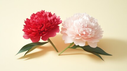 Obraz premium Two paper peonies, red and pink, on yellow background.