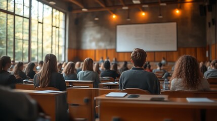 Students attending lecture in large hall.
