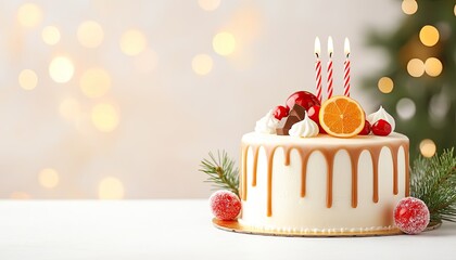 Festive birthday cake adorned with candles and fruits, set against a blurred holiday background