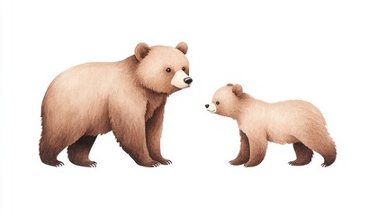 A mother bear and her cub stand together in a serene environment, showcasing their bond and innocence