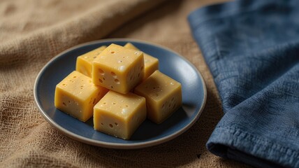 Cheese dices and slices,Cheese dices stacked playfully on a blue plate with a linen cloth nearby
