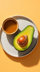 Single avocado half on a white plate with soft pastel background and soft natural lighting, clean minimalist food photography with focus on texture

