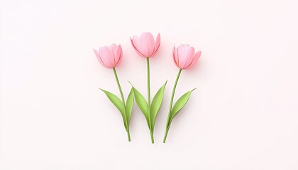 Three pink tulips with green leaves arranged on a soft pastel background, creating a serene floral composition