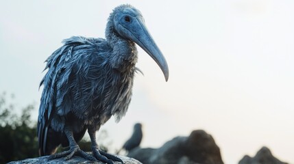 Naklejka premium A young, wet, gray bird perched on a rock.