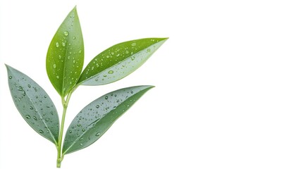 Fresh green leaves with water droplets, symbolizing nature's beauty and vitality against a clean backdrop