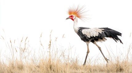 Obraz premium Grey Crowned Crane walking in dry grass against white background.