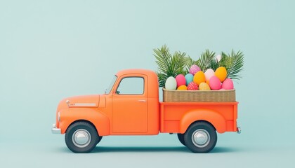 Vintage orange truck transporting colorful Easter eggs and greenery against a pastel backdrop
