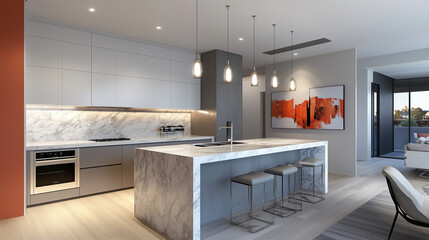 Obraz premium High-end kitchen with a marble island, stainless steel appliances, and modern pendant lights in an open-plan apartment. White, grey, and orange color scheme.