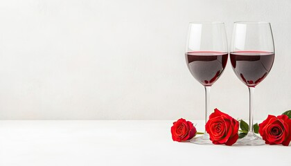 Two elegant wine glasses filled with red wine beside vibrant red roses on a minimalist background