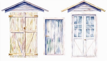 Colorful watercolor illustration of three distinct garden sheds showcasing unique designs and textures
