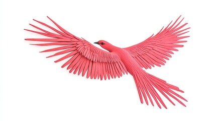 Vibrant pink bird in mid-flight showcasing intricate feather details against a white background