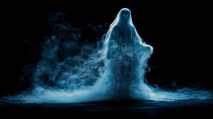 Ethereal Ghost in Blue Smoke: A Digital Specter in a Dark Atmosphere