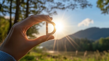 Hand holding a letter D towards the sun representing natural vitamin D and holistic health outdoors