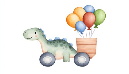 Cute dinosaur pulling a wagon filled with colorful balloons in a whimsical, playful setting