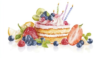 A beautifully decorated birthday cake topped with fresh fruits and candles, set against a white background