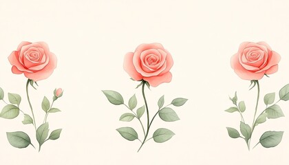 Three delicate pink roses with green leaves on a soft pastel background, ideal for floral designs