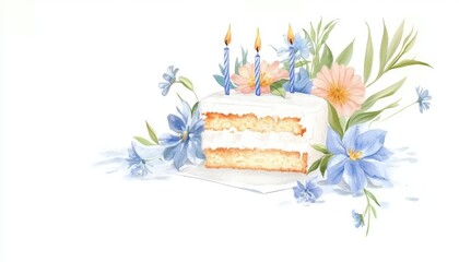 A beautifully decorated birthday cake with three candles surrounded by vibrant flowers on a white background