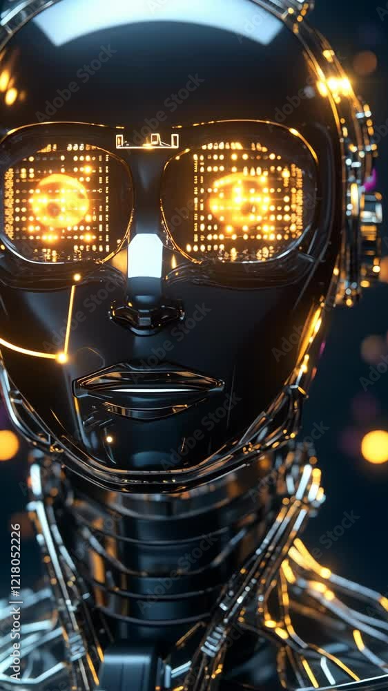 Poster innovative robotic head design with glowing elements showcases advanced technology and artificial in