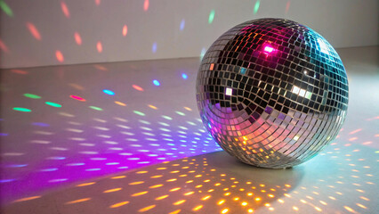 Obraz premium disco ball,Shimmering Disco Ball Reflecting Colorful Lights on White Background