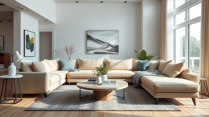 Modern Scandinavian Living Room Design with Beige Sofa and Round Table - AI Photo