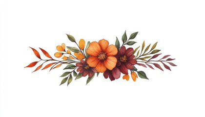 Vibrant floral arrangement featuring orange and burgundy flowers with green leaves on a white background
