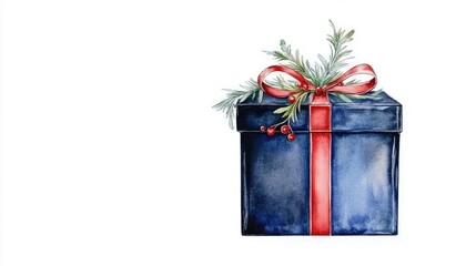 Elegant blue gift box adorned with red ribbon and festive greenery, set against a clean white background