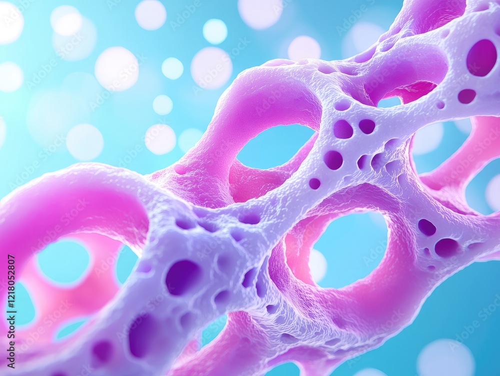 Poster abstract close-up of colorful cellular structure with a soft blue background.