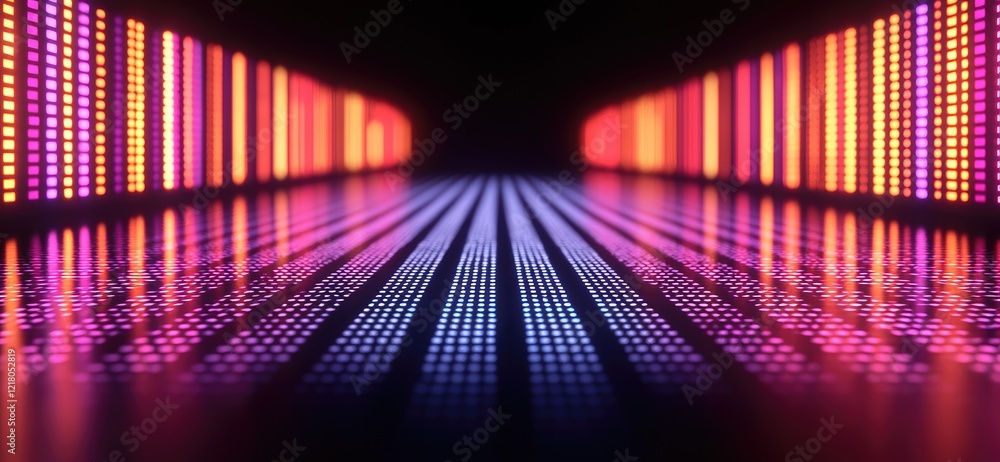 Poster vibrant led lights creating a dynamic visual pathway in a dark environment.