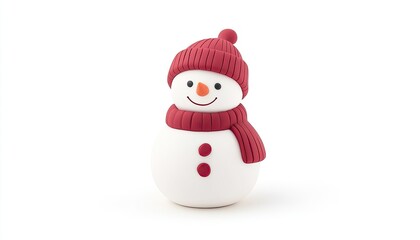 Fototapeta premium Cheerful snowman figurine wearing a red hat and scarf, set against a minimalist white background