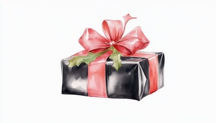 A beautifully wrapped black gift box adorned with a red ribbon and holly leaves, perfect for festive occasions