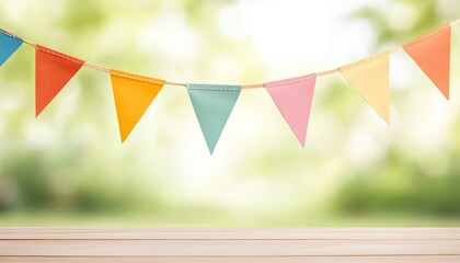 Colorful triangular bunting flags hanging in a bright outdoor setting with blurred greenery