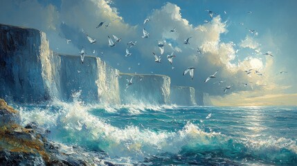 Dramatic seascape painting of white cliffs, crashing waves, and flock of birds in flight under a cloudy sky.